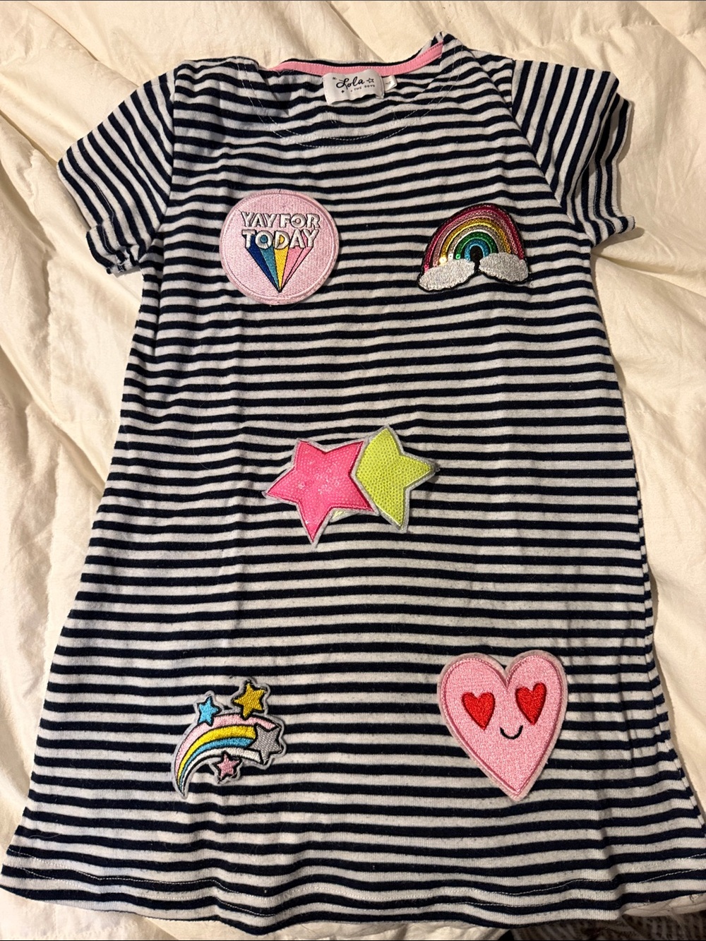 Lola + The Boys Navy and White Striped Patch Dress with Pink & Rainbow Accents